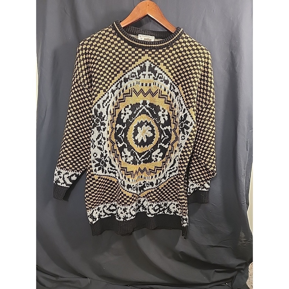 VTG Art Deco Geometric Pattern Sweater Women's 24W Black Gold Metallic Jolie